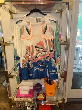 Anthropologie Multicolor Floral Peasant Blouse - Navy, Coral & Green